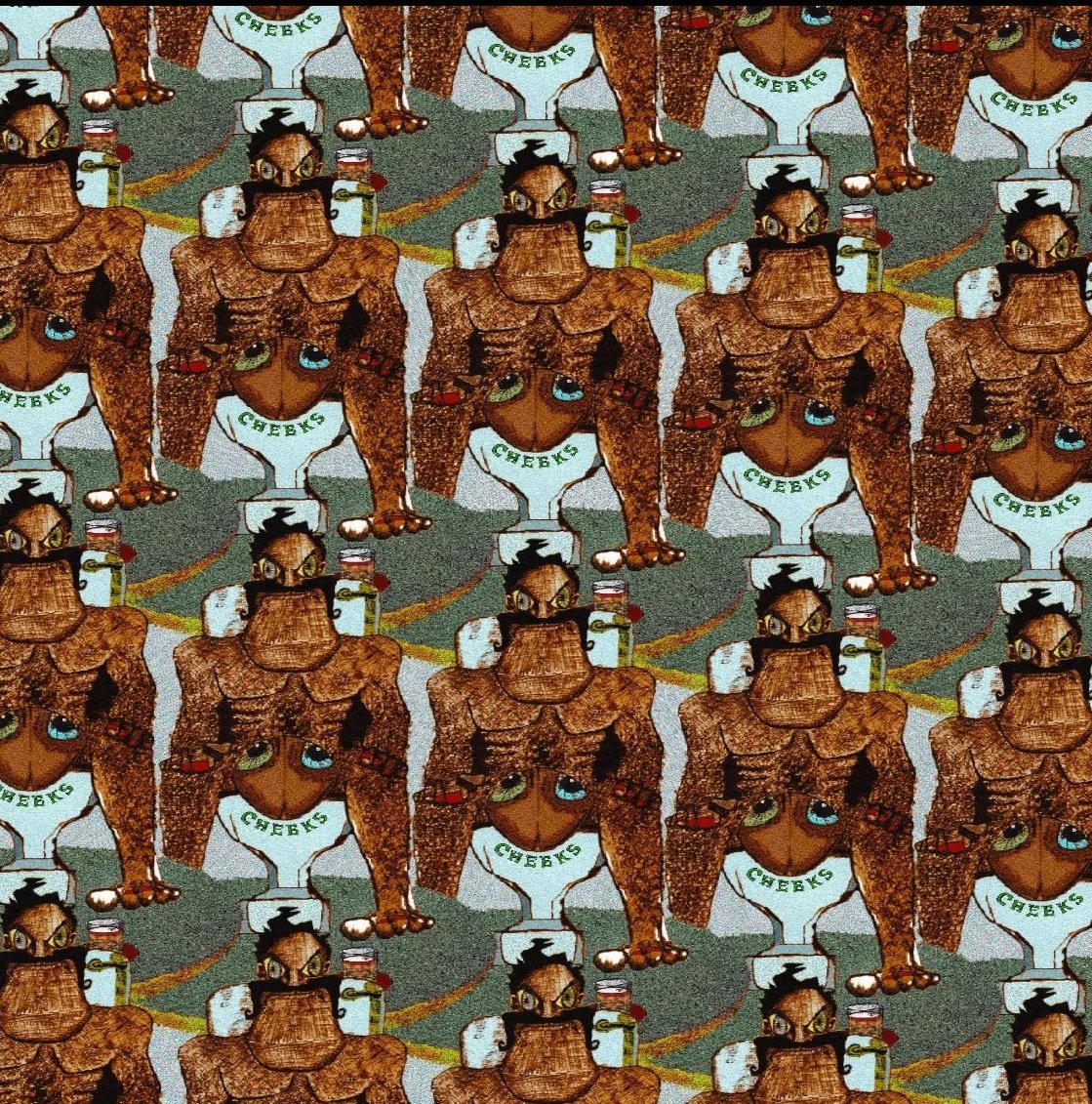 Repeating pattern of a cartoon baller with a cocktail glass, on the toilet that says 'CHEEKS'.