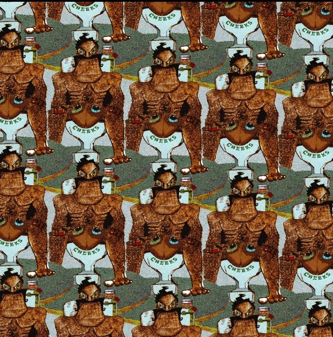 Repeating pattern of a cartoon baller with a cocktail glass, on the toilet that says 'CHEEKS'.