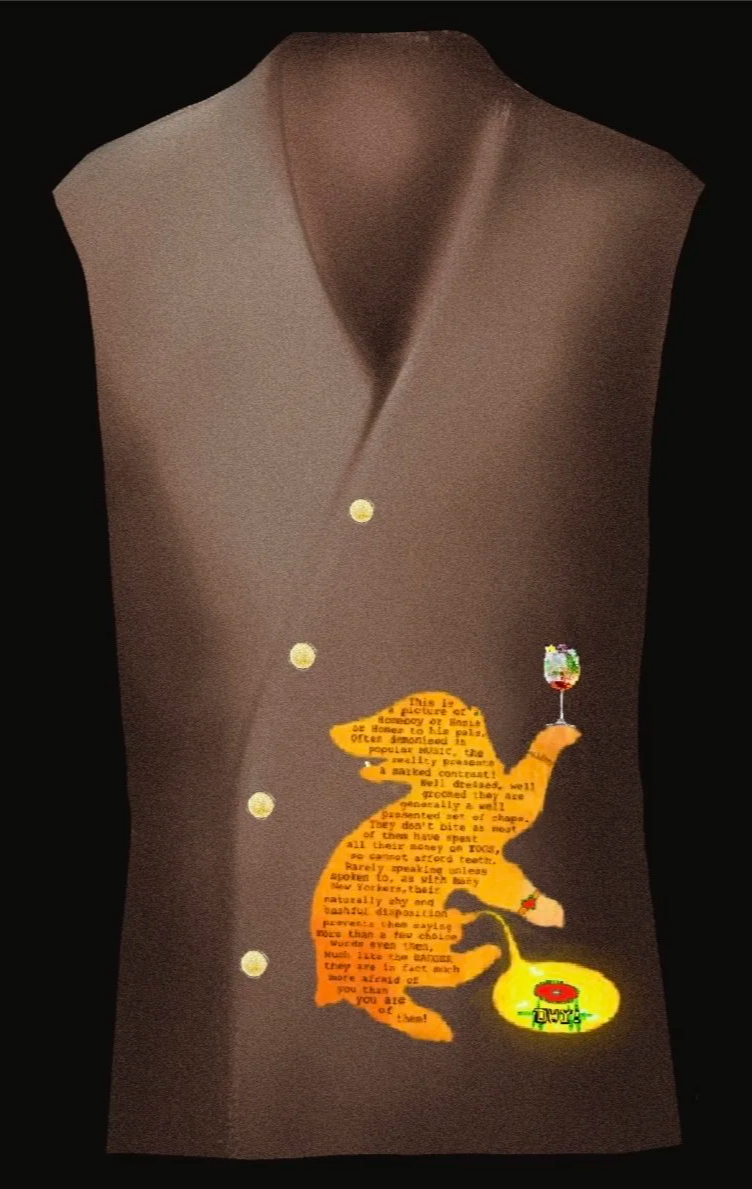 A sleeveless chocolate brown vest with a design featuring a Howlin' Badger holding a cocktail glass and surrounded by lyrics