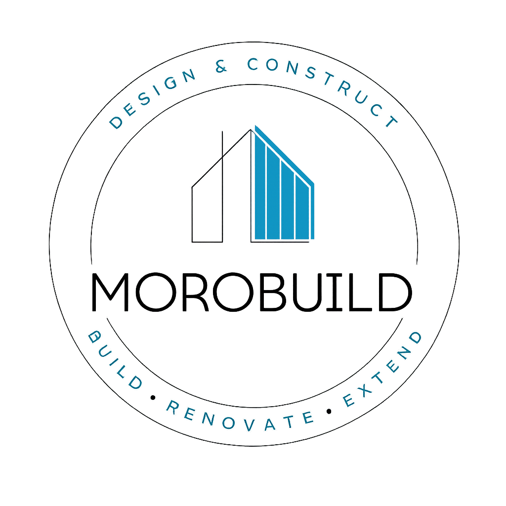 Logo for MorBuild, a construction company, featuring a stylized building outline and including the words 'Design & Construct', 'Build', 'Renovate', 'Extend' encircling the logo.