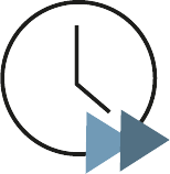 Black clock with blue fast-forward icon overlaid