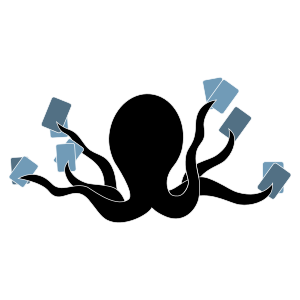 A black silhouette of a human head with multiple sprouting branches, each holding a blue arrow pointing outward.