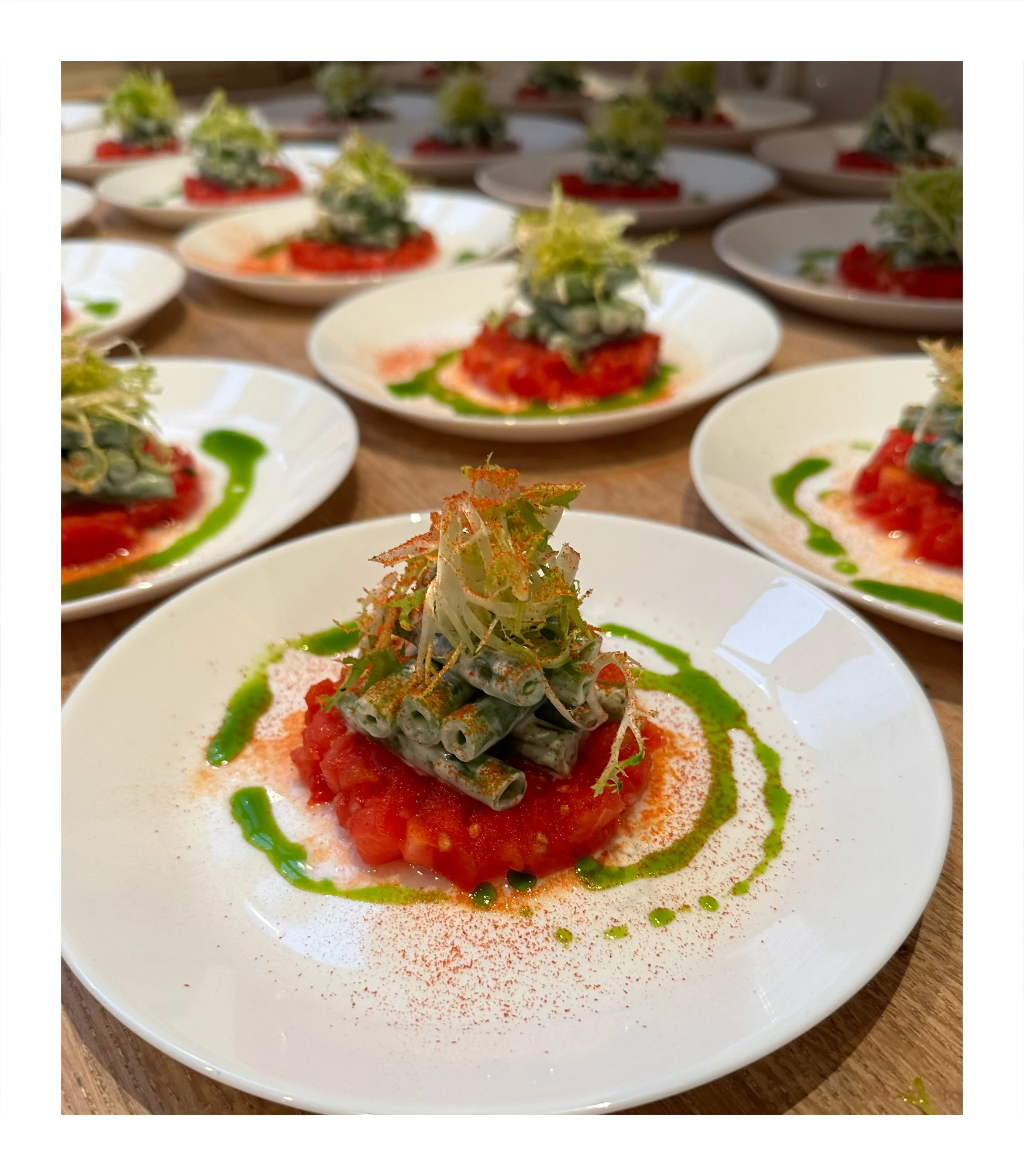 Seasonal starter plated for an intimate private dining menu, highlighting fresh vegetables and house-made elements.