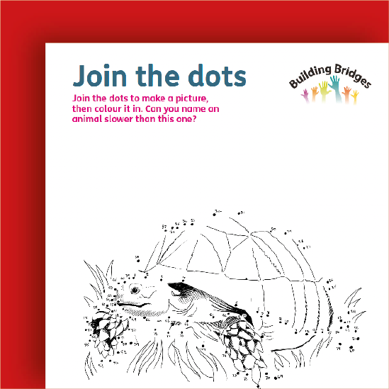 Colour by numbers activity sheet titled "Join the dots" with an image of a turtle to be completed by connecting numbered dots.