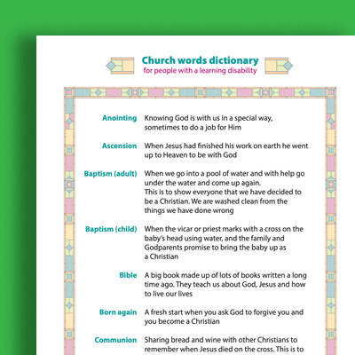 Cover of easy read document for Church words dictionary listing terms: Anointing, Ascension, Baptism (adult), Baptism (child), Bible, Born again, Communion, with their definitions.