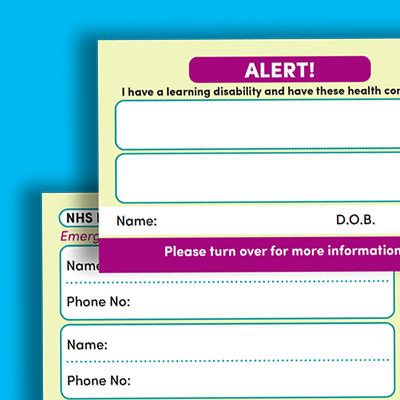 A healthcare form with a yellow and purple alert banner, includes sections for personal information and a note for more information.