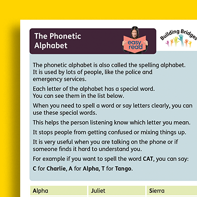 Cover of easy read document for the phonetic alphabet