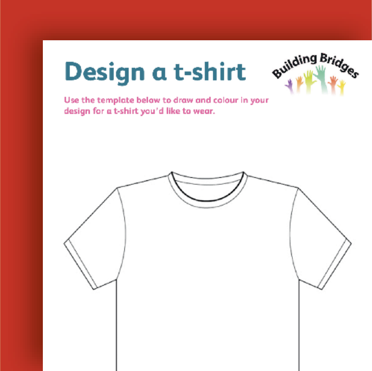 A t-shirt template with a prompt to decorate it, part of a design activity from Building Bridges project.