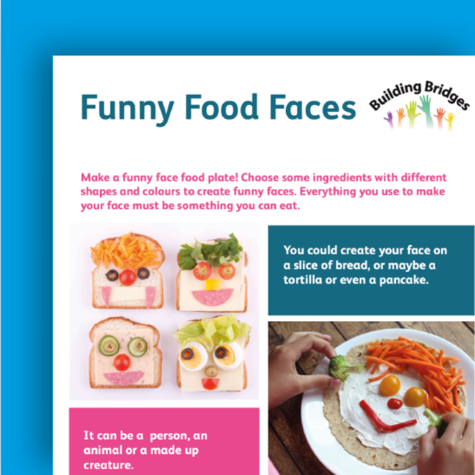 Easy read document titled 'Funny Food Faces' showing examples of food face art made with bread slices and toppings, and a person creating a face on a pancake using vegetables and sauces.