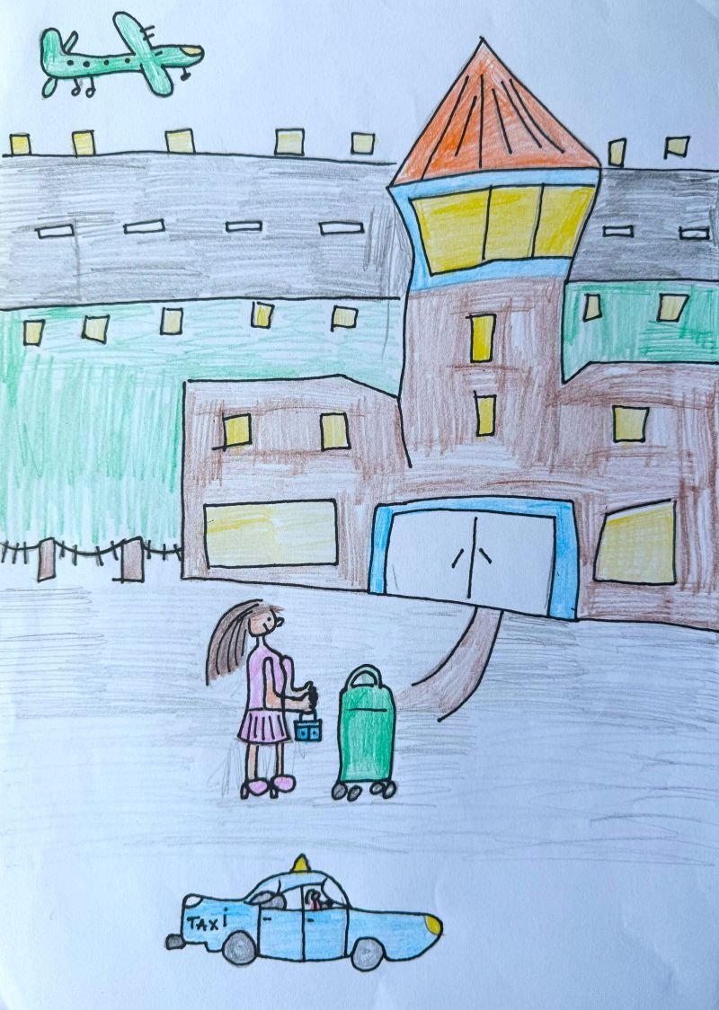 An illustration using coloured pencils of an airport, a person has got our of a taxi and is heading towards the terminal building