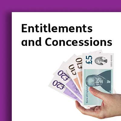 Cover of a booklet titled 'Entitlements and Concessions' with a hand holding British banknotes including a £5 note, a £10 note, a £20 note, and a £50 note.