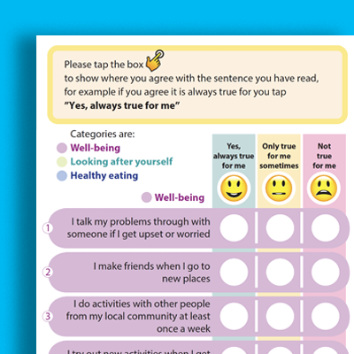 Cover of easy read document with categories about managing money and energy usage, with interactive checkboxes for each statement, featuring a highlighted section explaining how to mark answers with a tap.