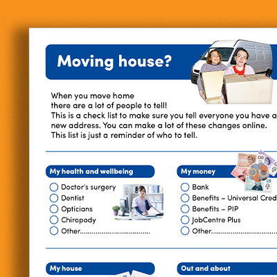 Checklist for moving house, including sections for health and wellbeing, money, house, and out and about, with images of a moving van and people packing boxes.