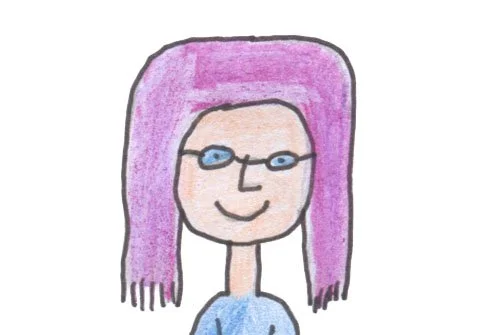 An illustration drawn with coloured pencil of a woman with purple hair and glasses wearing a blue top