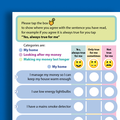 Cover of easy read document with a section for categorizing money management habits, featuring checkboxes for responses and a key with smiley faces indicating levels of agreement.