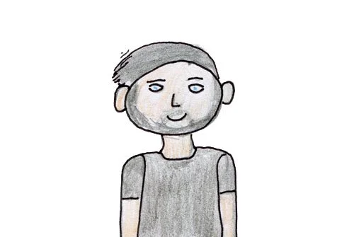 An illustration drawn with coloured pencil of a man with short grey hair and beard wearing a black t-shirt