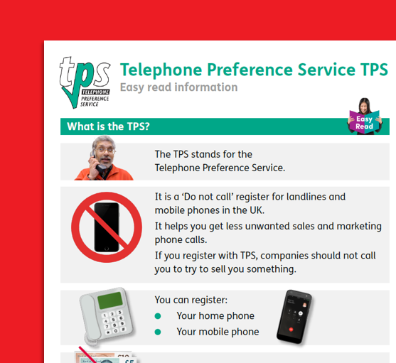 An icon displaying an 'easy read' Telephone Preference Service leaflet describing what the TPS is. 