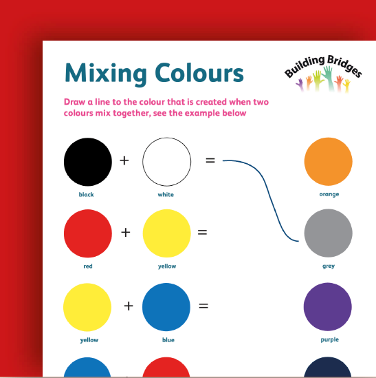 Worksheet titled "Mixing Colours" demonstrating color mixing with primary colors black, white, red, yellow, blue, and secondary colors orange, grey, purple, showing the resulting colors when different pairs are mixed.