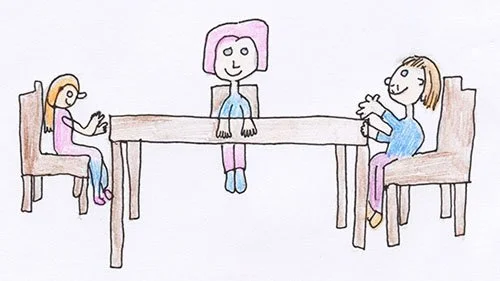 Drawing using coloured pencils of three people sitting at a table, with one girl in the middle and two girls on each side.