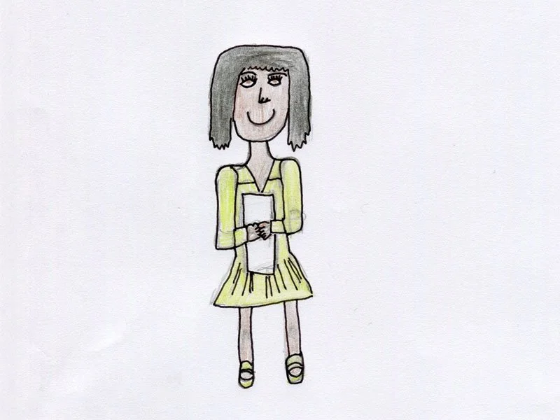 A drawing using coloured pencils of a woman with shoulder-length black hair, smiling, wearing a yellow dress, and holding a piece of paper, standing against a plain background.