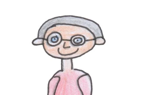 An illustration drawn with coloured pencil  of a man with grey hair and glasses wearing a red top