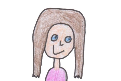 An illustration drawn with coloured pencil of a woman with long brown hair wearing a pink top