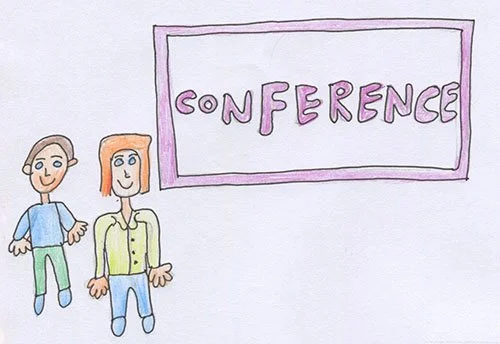 A drawing using coloured pencils of two people, a man and a woman, standing in front of a sign that says "Conference".