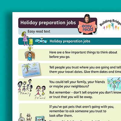Cover of easy read document titled 'Holiday preparation jobs' with illustrations and tips for holiday travel planning, including packing, informing friends and family, and caring for pets.