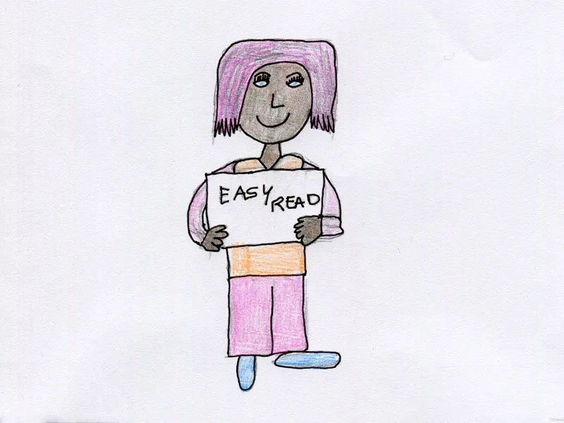 Drawing using coloured pencils of a person with purple hair holding a sign that says 'EASY READ'.