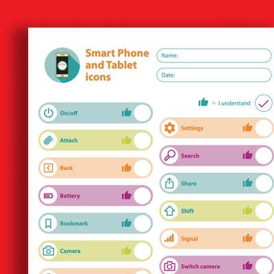 Infographic showing icons and labels for smartphone and tablet functions: On/off, Attach, Back, Battery, Bookmark, Camera, Settings, Search, Share, Shift, Signal, Switch camera; includes color-coded thumbs up icons and space for name and date.