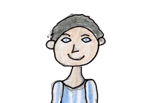 An illustration drawn with coloured pencil  of a man with dark hair, blue eyes and a West Bromwich Albion football shirt