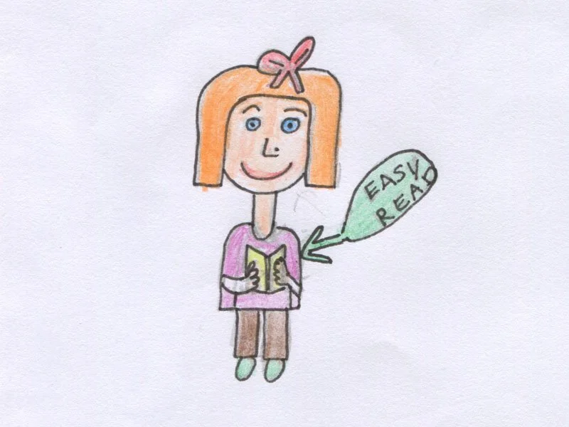 A colorful hand-drawn illustration of a girl with orange hair, a pink bow, and blue eyes holding a book, with a speech bubble saying 'EASY READ'.