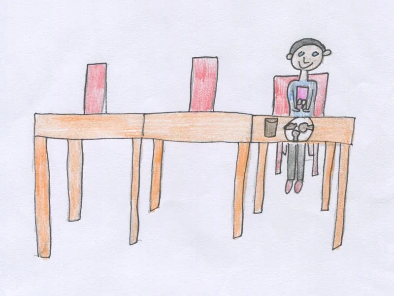 Illustration of a person sitting at a wooden table with a cup, eating food, smiling, with two empty chairs beside them