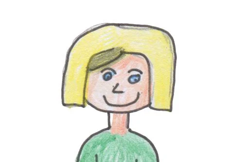 An illustration drawn with coloured pencil of a woman with blond hair wearing a green top