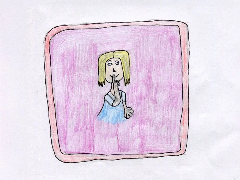 Drawing using coloured pencils of a girl with blonde hair, holding a finger to her lips as if saying 'shh,' inside a pink frame on a pink background.