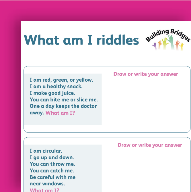 Cover of easy read document titled 'what am I riddles'
