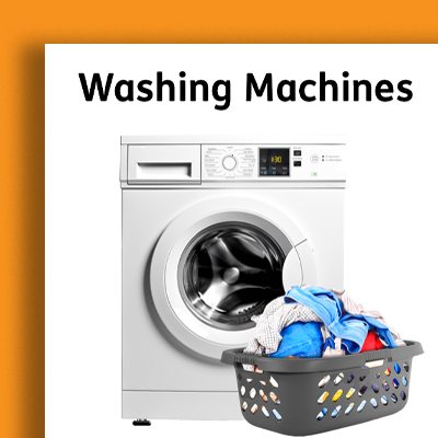 Washing machine with a laundry basket filled with clothes in front of a sign that says Washing Machines.