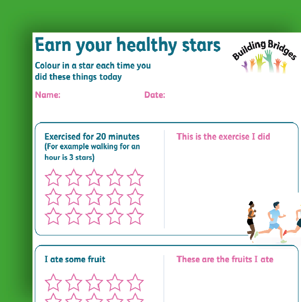 Cover of easy read document titled 'Earn your healthy stars' with a green header and colorful graphics. It has sections for recording exercise and fruit intake, with pink outlined stars to colour in, and small illustrations of people running.