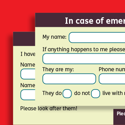 Cover of an emergency contact form with fields for name, phone number, and instructions.
