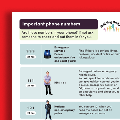 Infographic listing important phone numbers: 999 for emergency services, 111 for NHS, and 101 for non-emergency police, with descriptions of each.