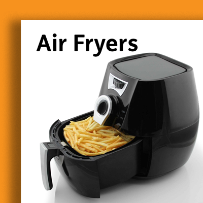 Black air fryer with open basket containing French fries, labeled 'Air Fryers'.