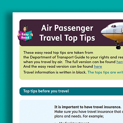 Cover of easy read document of a travel tips for air passengers, featuring tips from the Department of Transport Guide, with a small airplane image and a purple header titled "Air Passenger Travel Top Tips."
