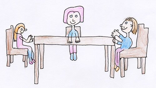 A hand drawn image of three people sat around a table, talking.