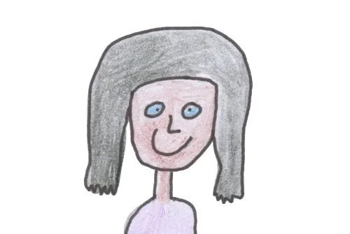 An illustration drawn with coloured pencil  of a woman with black hair wearing a purple top