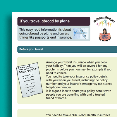Cover of easy read documen about traveling abroad by plane, including sections on preparing before travel and booking travel insurance, with illustrations of passports, insurance documents, and a logo for "Easy Read" travel tips.