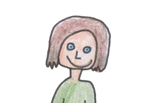 An illustration drawn with coloured pencil  of a woman with short brown hair wearing a green top