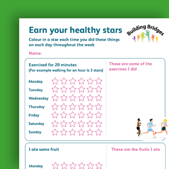 A colorful chart titled 'Earn your healthy stars' with activities and fruit intake tracking. It includes a section for recording exercise, represented by stars, and a section for tracking fruit consumed each day, with checkboxes for each weekday. The chart encourages healthy habits with playful illustrations of children running and building bridges.