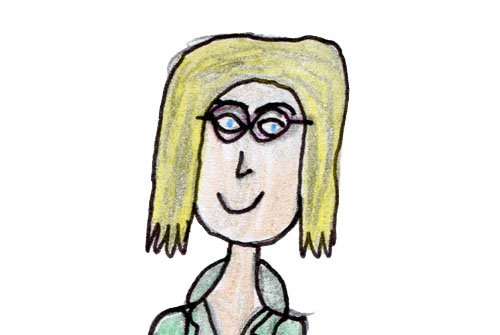 An illustration drawn with coloured pencil of a woman with blond hair and glasses