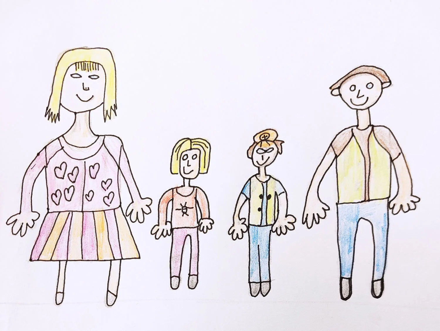 A family of four drawn with coloured pencils, standing side by side. The children are smaller with distinct outfits, and the adults are taller. The family includes one adult woman, one adult man, and two children all smiling.