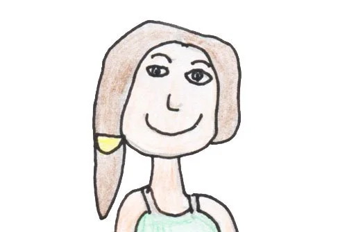 An illustration drawn with coloured pencil of a woman with long brown hair wearing a green top